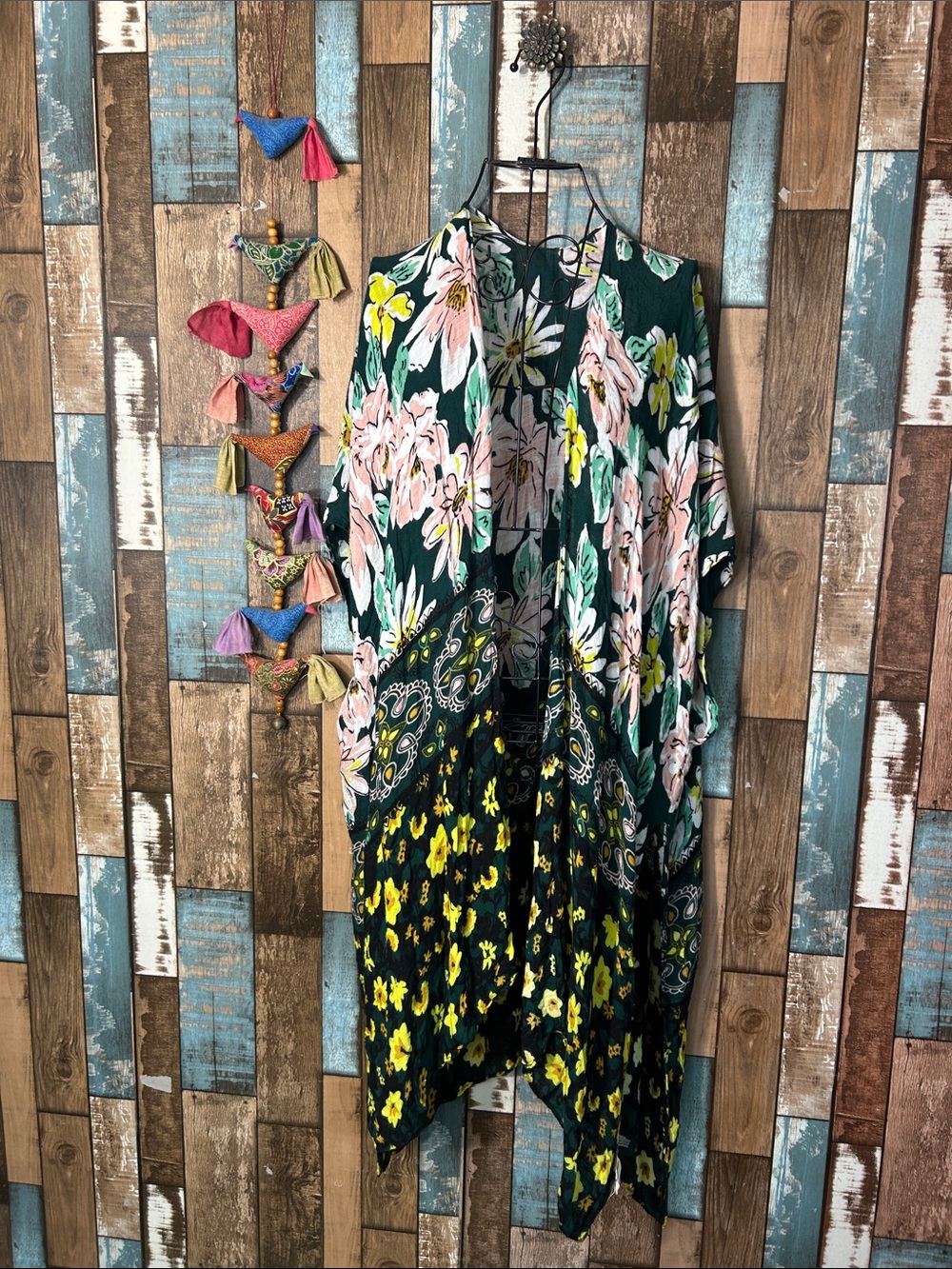 Boho Floral Green & Pink Open Front viscose Kimono